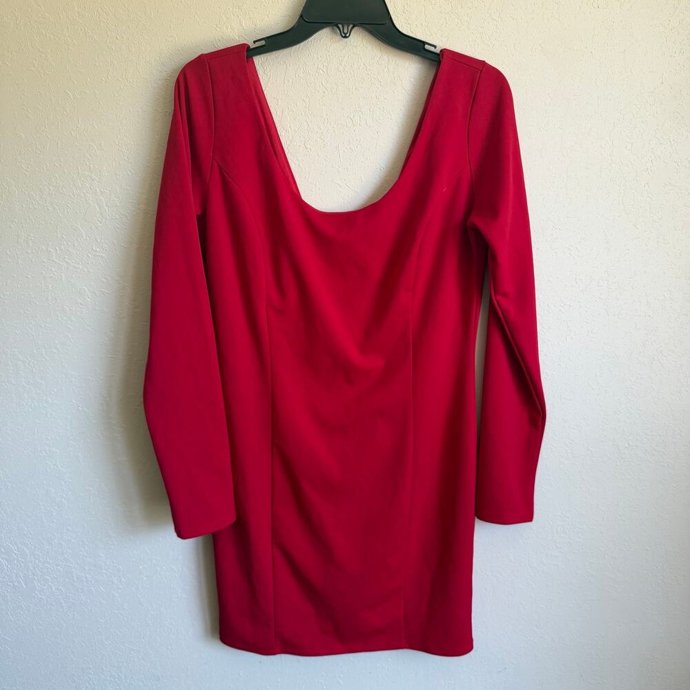 NWT Naked Wardrobe Scoop Neck Deep V-Neck Long Sleeve Red Mini Dress Womens XL